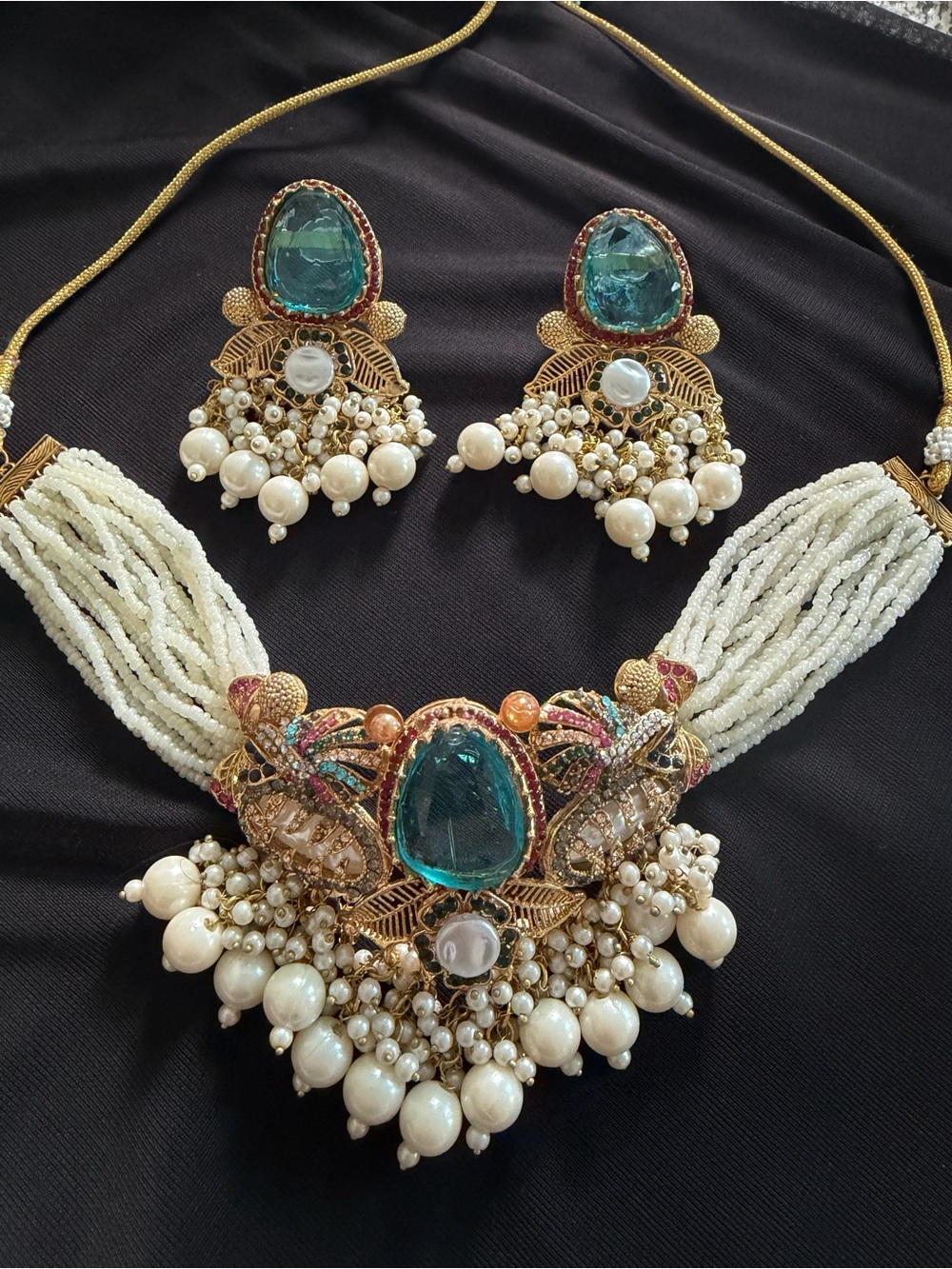 Handcrafted Emerald-Teal and Pearl Statement Necklace & Earrings Set